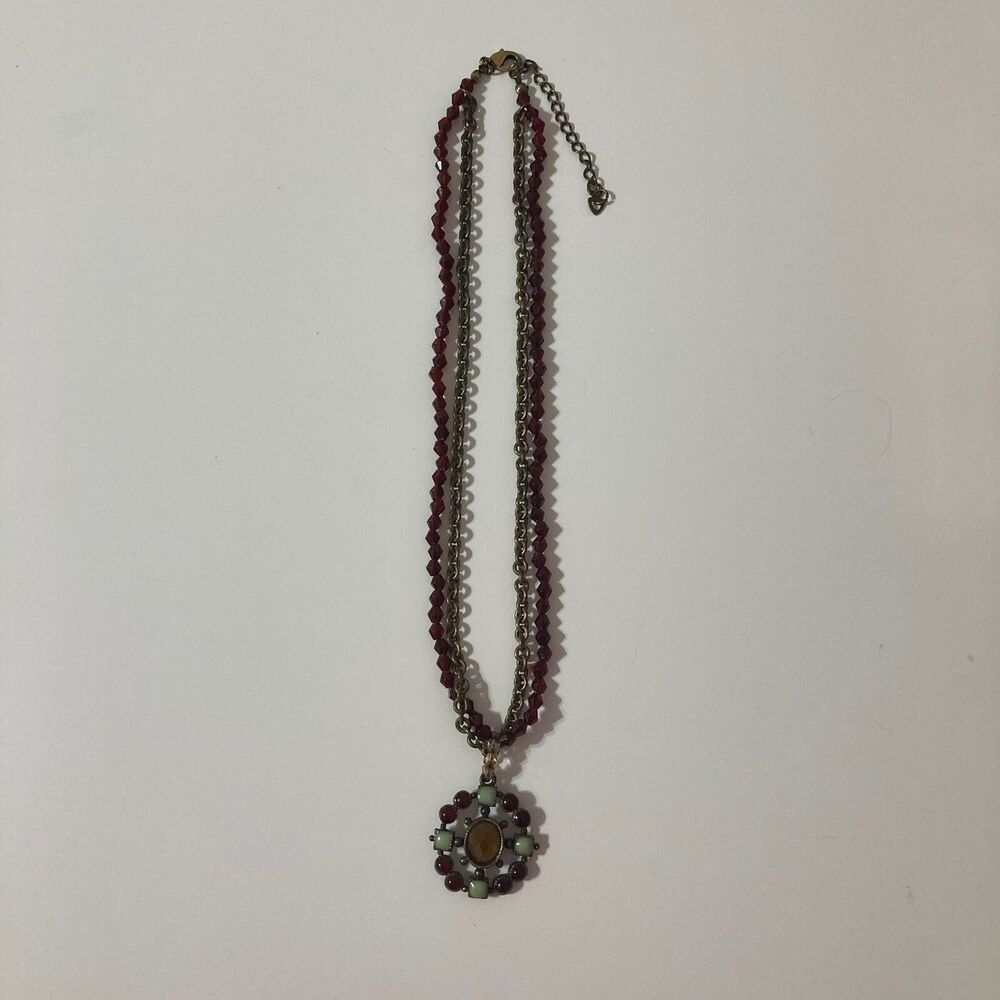 Maroon Mint Amber Bronze Tone Layered Chain Beaded Round Oval Pendant Necklace